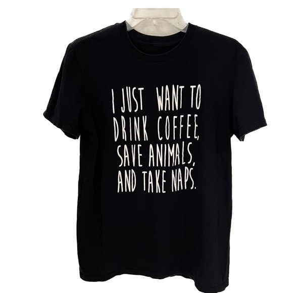 DRINK COFFEE SAVE ANIMALS TAKE NAPS black tee T-shirt sz Medium Unisex - Picture 1 of 3